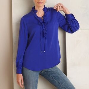 CHICO'S Sandwashed Satin Ruffle Blouse Purple Women's Size 1 (8/10 M)‎